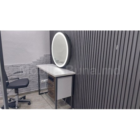 Masă profesională pentru machiaj A-80 cu oglindă rotundă LED, trei sertare și structură metalică